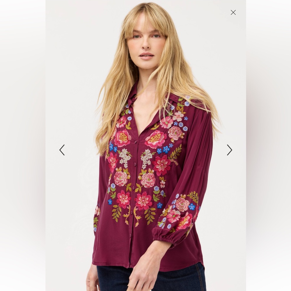 Johnny Was Seren Shirt Rhododendron Red Silk Embroidery Size Small NWT